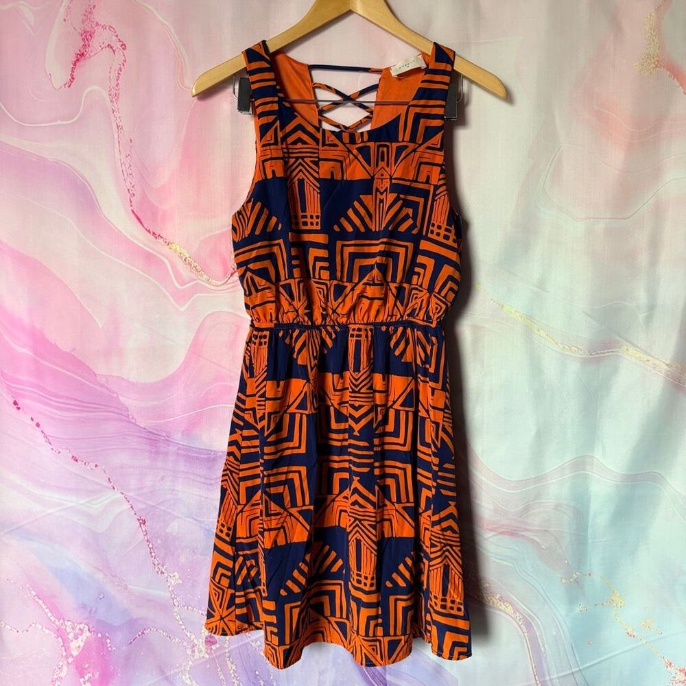 Everly S Orange Blue Geometric Pattern Dress Preppy Artsy Auburn Party Boardwalk